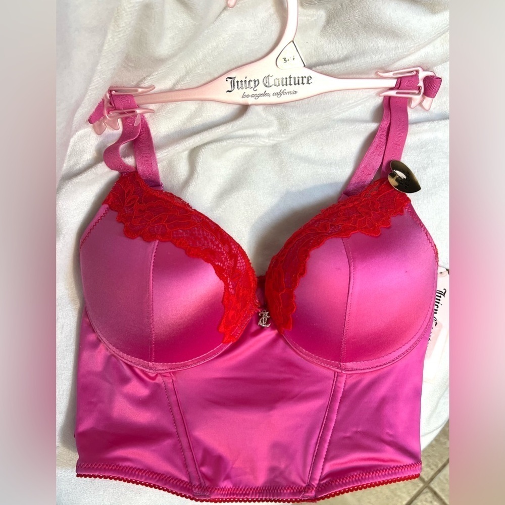 🩷❤️Juicy Couture 34B Bra Corset Push Up Hot Pink Red Satin Lace Underwire-NWT🩷❤️ - Picture 5 of 10